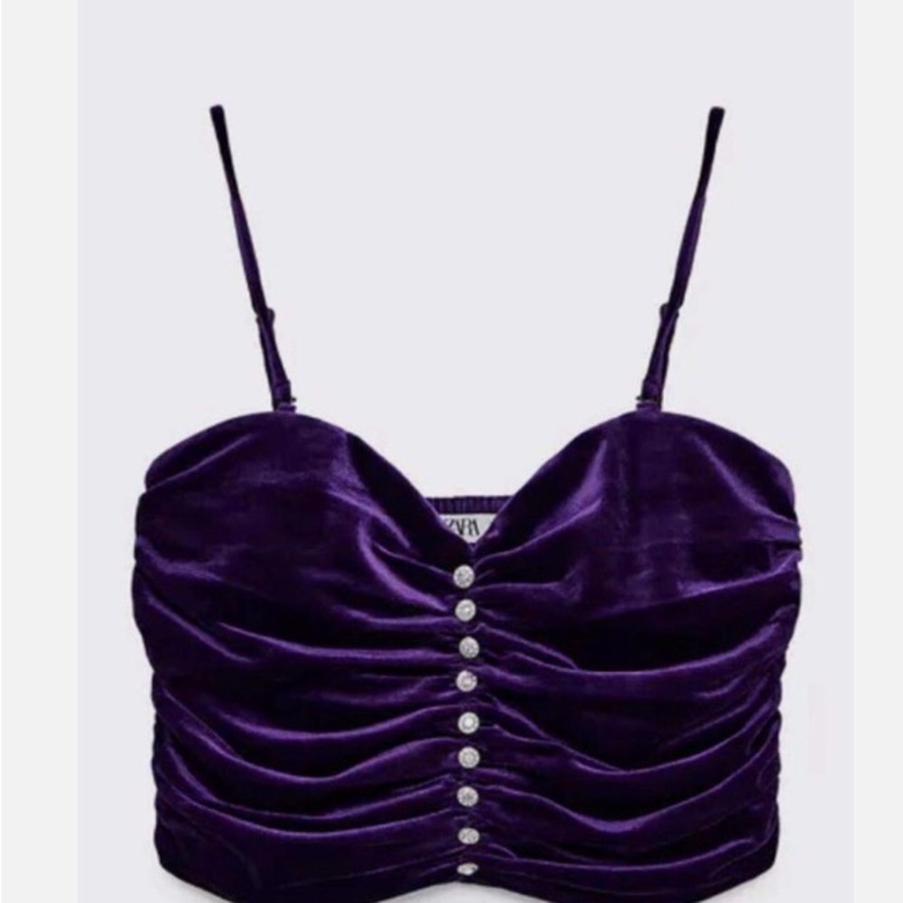 Zara Deep Purple Velvet Ruched Cropped Camisole with Buttons